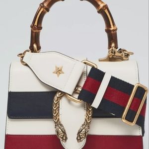 Gucci STRIPED Dionysus Bamboo Top Handle Bag Red White Blue Leather